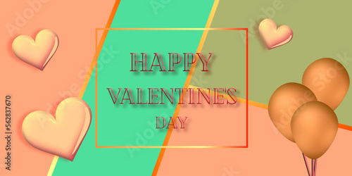 happy valentine's day vintage vector card, banner. realistic golden balloons , three - dimensional heart , inscription , sparkles and confetti , original geometric background . vector