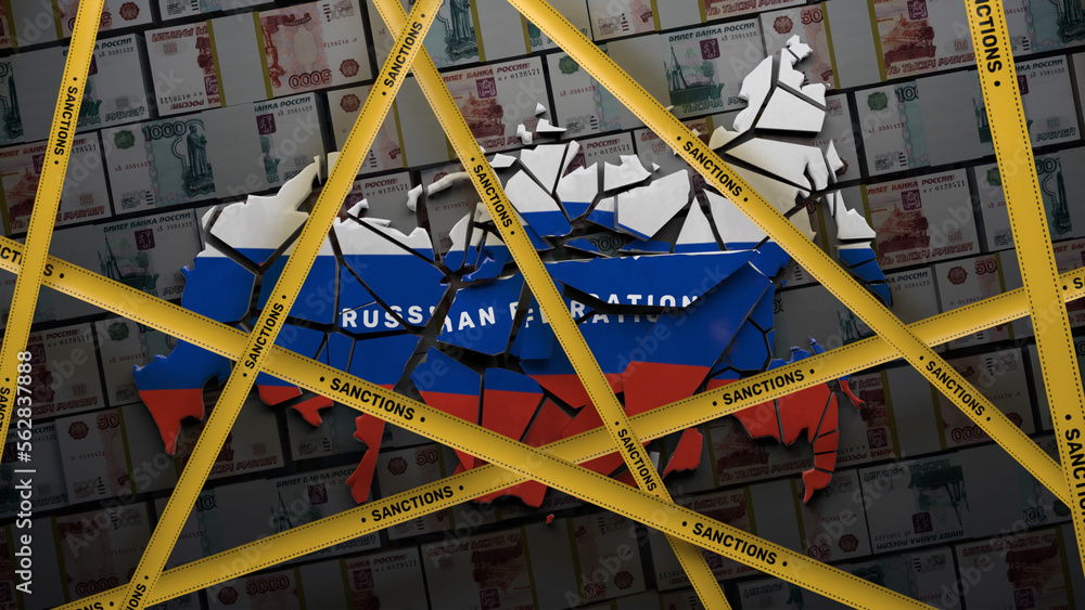 3D render of map of collapsed Russia into different parts covered with yellow tape. 3D render concept of finance sanctions against the Russian oligarchs gas and oil embargo. Money on background. 3D render of map of collapsed Russia into different parts covered with yellow tape. 3D render concept of finance sanctions against the Russian oligarchs gas and oil embargo. Money on background.
