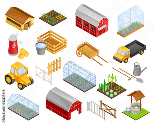 Gardening and Farm with Barn, Greenhouse, Fence, Tractor and Equipment Isometry Big Vector Set