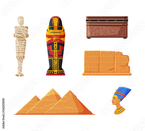 Ancient Egypt symbols set. Egyptian traditional cultural and historical objects cartoon vector illustration