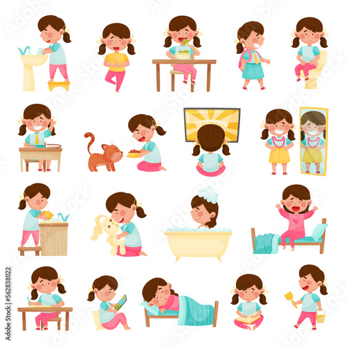 Little Girl Daily Routine and Day Activity Big Vector Set
