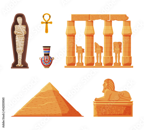 Ancient Egypt symbols set. Egyptian traditional cultural and historical objects. Pyramid of Cheops, Great Sphinx monument cartoon vector illustration