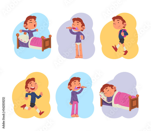 Cute school boy daily routine activities Set. Kid sleeping, waking up, brushing teeth, walking to school cartoon vector illustration