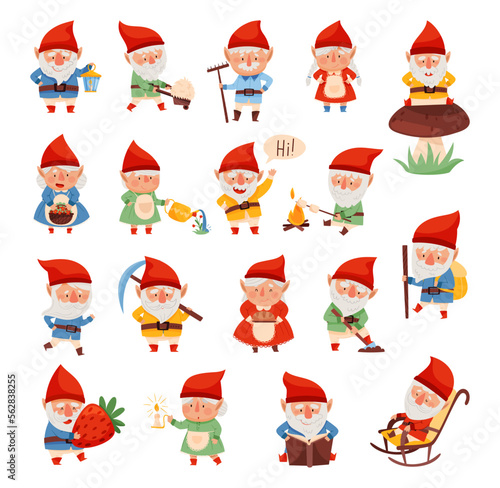 Fantastic Gnome Man and Woman Character with White Beard and Red Pointed Hat Vector Illustration Set