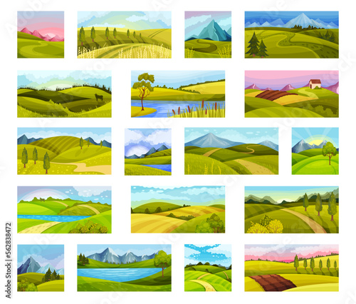Green Summer Landscape with Field, River and Mountains Big Vector Set
