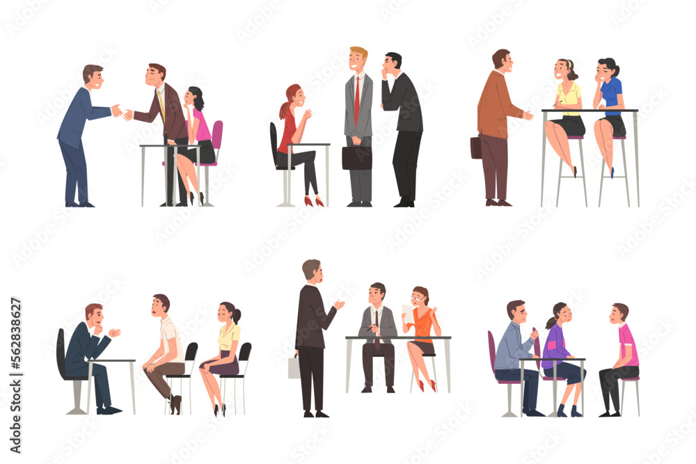 Job Interview and Recruitment with People Meeting and Shaking Hands with Employer Vector Set
