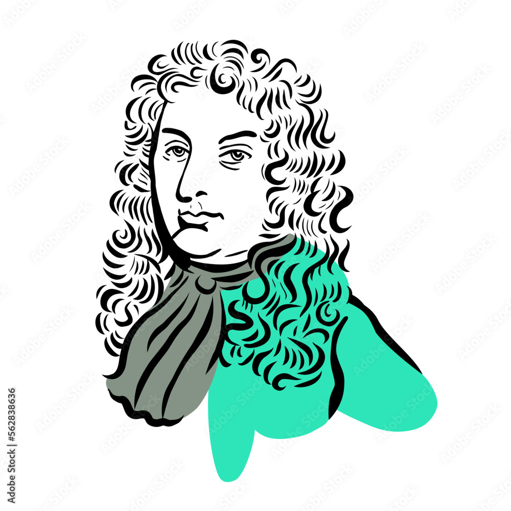 Henry Purcell -vector image, vector illustration, black and white hand drawn sketch on white background - obrazy, fototapety, plakaty 