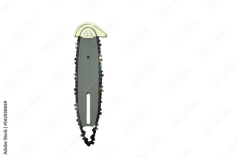 Chainsaw guide bar and chain on white background Chainsaw guide bar and chain on white background