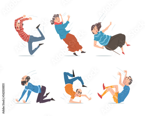 Senior Male and Female Character Falling Down on the Ground due to Slippery Road, Clumsiness or Health Problem Vector Set
