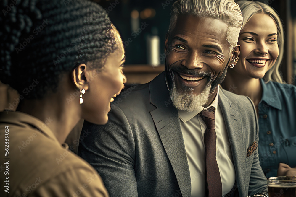 Portrait of black couple smiling at each other, African American, colleagues, business professionals,