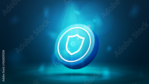 Digital cryptocurrency banner with 3D coin of trust on a blue blurred background.