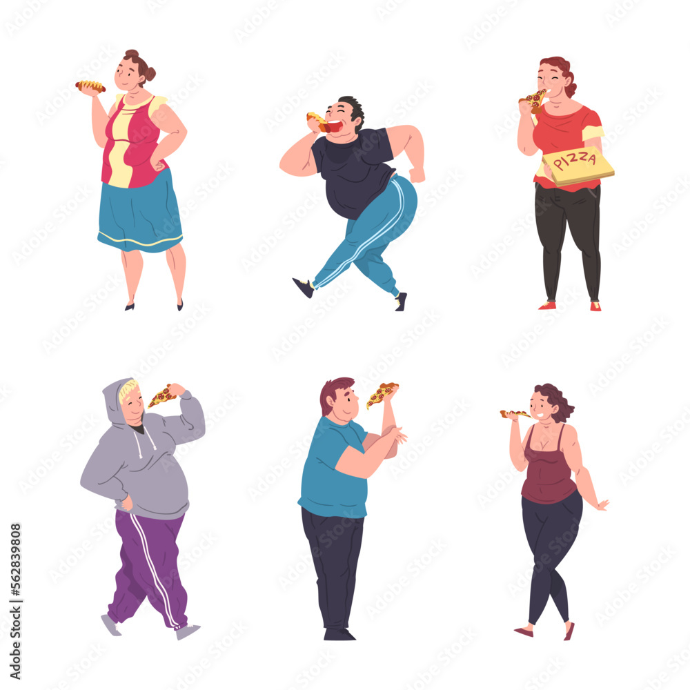 Obraz premium Happy Fat People Character Eating Fast Food Vector Set
