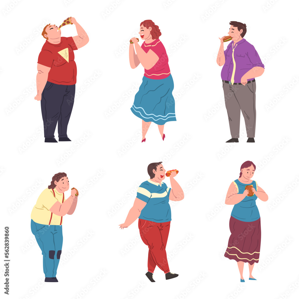 Fototapeta premium Happy Fat People Character Eating Fast Food Vector Set