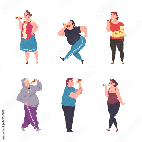 Happy Fat People Character Eating Fast Food Vector Set