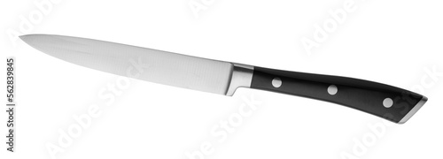 A new knife with a black handle on a transparent background. Cutlery. isolated object. Element for design