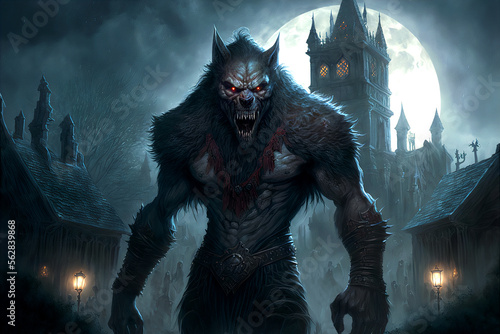 Fotografie, Obraz Werewolf in a village graveyard AI generative