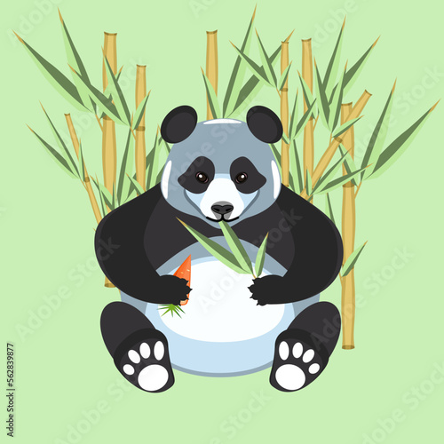 Panda in the bamboo bush eating carrot and leaves in flat technique vector illustration 
