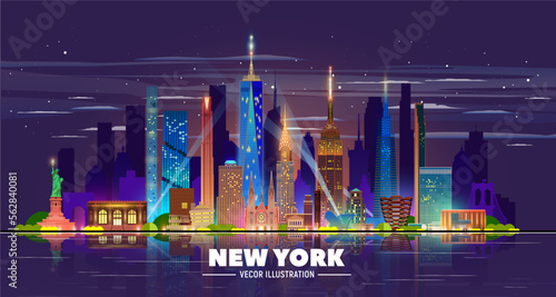 New York night skyline in the dark background. Flat vector illustration. Business travel and tourism concept with modern buildings. Image for banner or website.