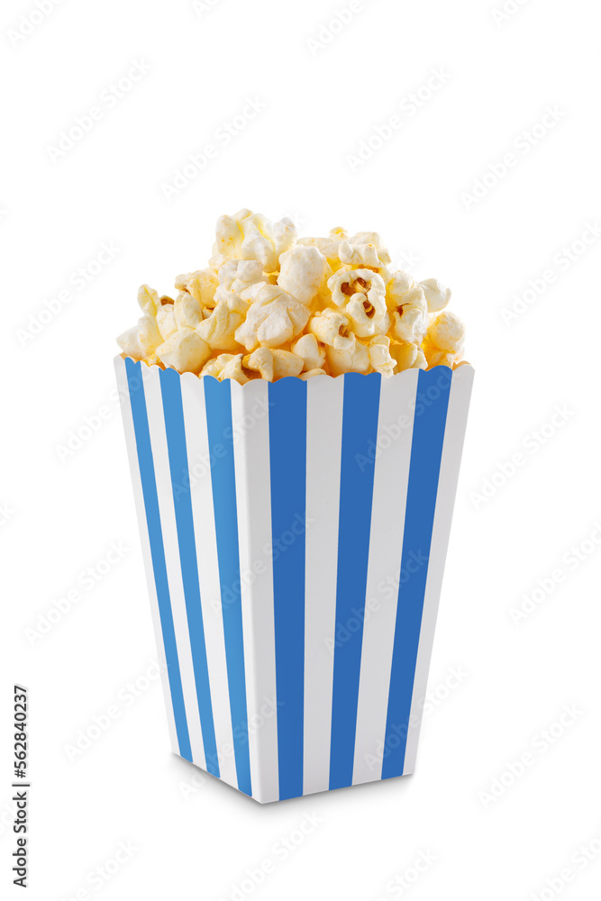 Blue white striped carton bucket with tasty cheese popcorn, isolated on transparent background, PNG. Movies, cinema and entertainment concept. Blue white striped carton bucket with tasty cheese popcorn, isolated on transparent background, PNG. Movies, cinema and entertainment concept.
