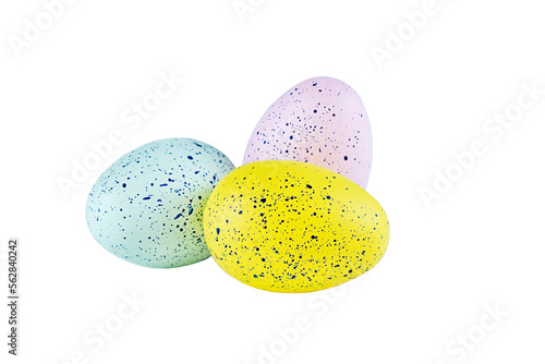Yellow, pink and blue easter eggs close up, isolated on white