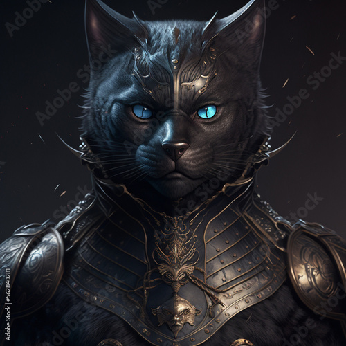 Super cool cat warrior portrait. Cartoon style created with Generative AI technology