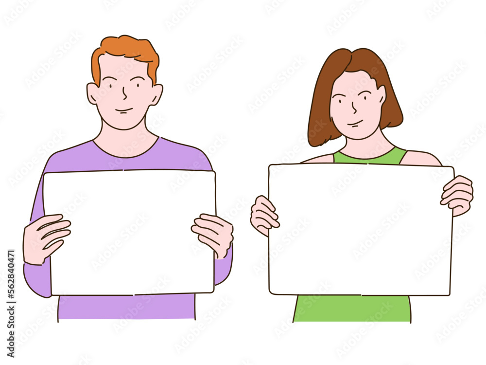 A man and woman holds a piece of paper poster in his hands. A guy  and girl with a banner place to record. Vector graphics.