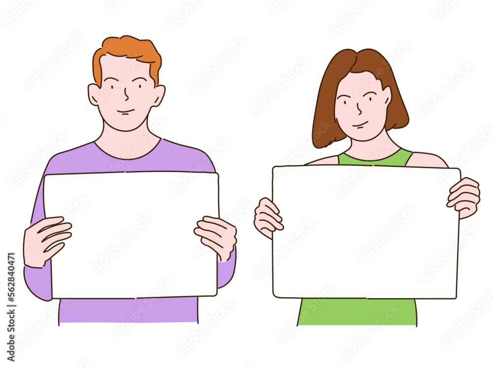 A man and woman holds a piece of paper poster in his hands. A guy and girl with a banner place to record. Vector graphics. A man and woman holds a piece of paper poster in his hands. A guy and girl with a banner place to record. Vector graphics.