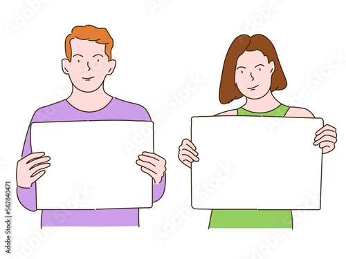 A man and woman holds a piece of paper poster in his hands. A guy and girl with a banner place to record. Vector graphics.