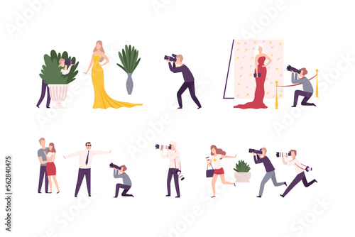Photographer or Paparazzi Taking Photo with Modern Digital Camera Vector Set