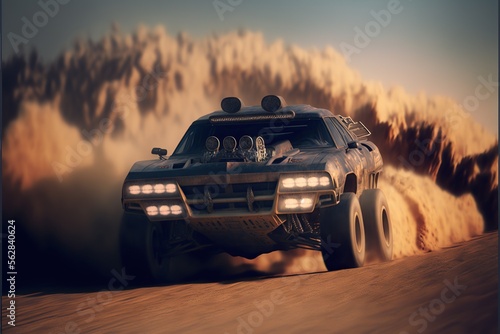 High-Speed Pursuit Action With Armored Car in a Post-Apocalyptic Desert Landscape. Generative AI. © Henry Letham