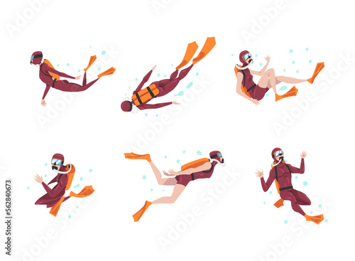 Scuba Diving Man and Woman with Breathing Equipment and Flippers Diving Underwater Vector Set