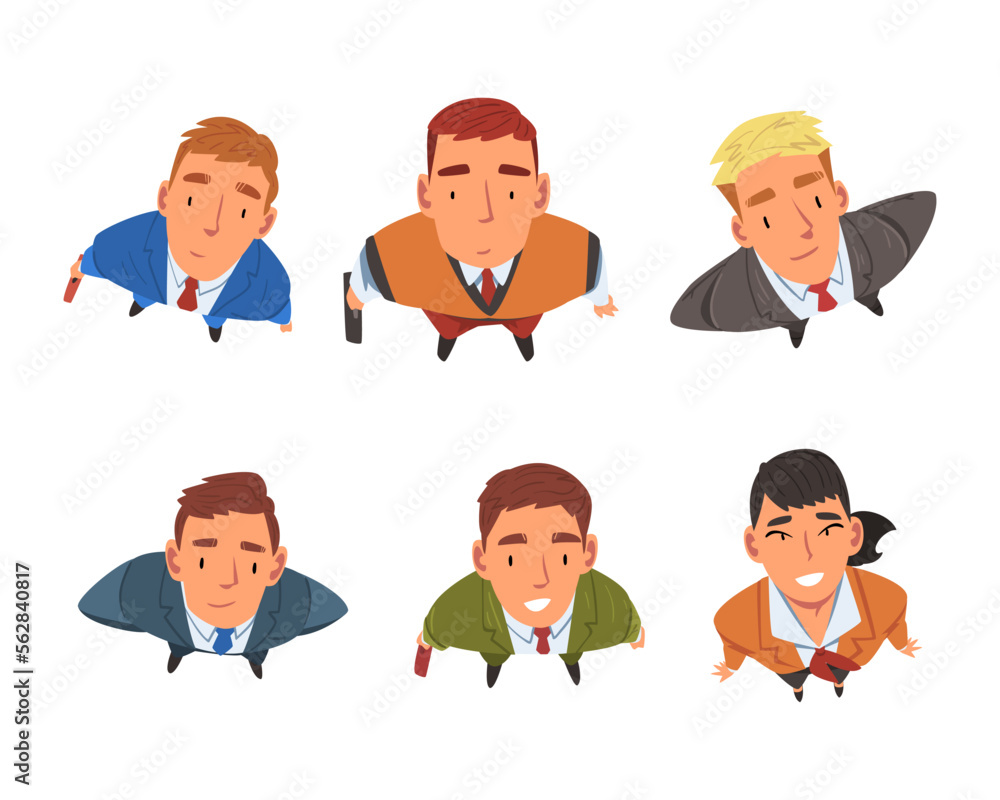 Fototapeta premium Smiling Business Man and Woman Character Looking Up Above View Vector Set