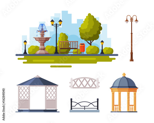 City Park Elements with Fence, Lamp, Pavilion and Bench Vector Set