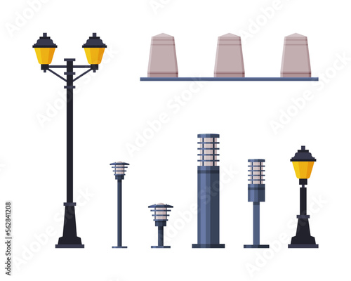 City Park Elements with Lamp, Light Post and Road Barrier Column Vector Set