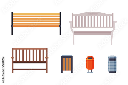 City Park Elements with Bench and Dustbin Vector Set