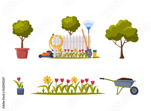 Garden with Flowerbed, Wheelbarrow, Tree and Fence Vector Set