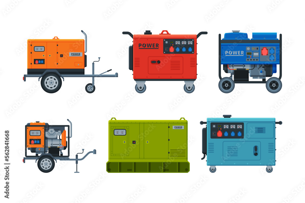 Power and Energy Generators as Portable Electrical Equipment Vector Set Power and Energy Generators as Portable Electrical Equipment Vector Set