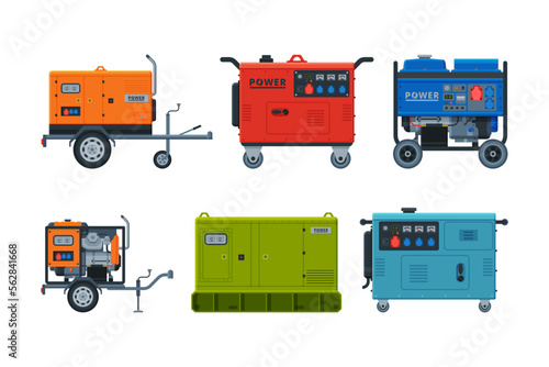 Power and Energy Generators as Portable Electrical Equipment Vector Set