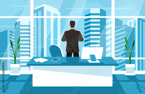 Businessman looks out the window in the office. City landscape window view. Vector illustration