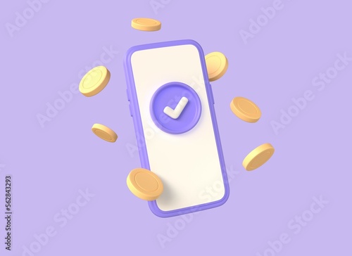 3d mobile phone, check mark and golden coins in cartoon style. online banking money payments and transfers. illustration isolated on purple background. 3d rendering photo