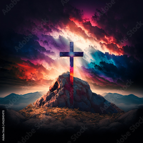 Leinwand Poster christian cross at sunset with clouds on a mountain GENERATIVE AI, GENERATIVE, A