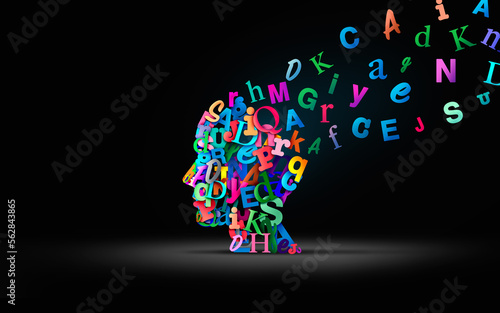 Reading comprehension and learning to read or language spoken and Autistic spectrum or Dyslexia disorder concept as a human head made of Alphabet letters photo