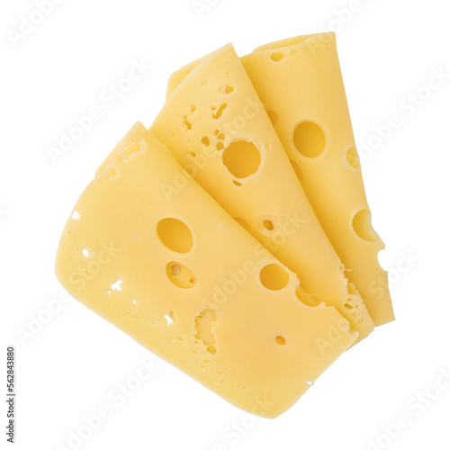 folded slices of cheese isolated on white background, pieces of sliced gouda cheese laid out to create layout