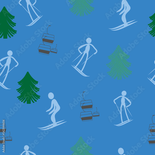 Seamless pattern with skiers in different poses, Christmas trees, lifts. Vector graphics