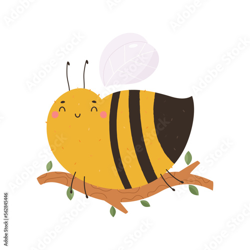 Vector illustration of a cute sleepy bee having a rest on a branch