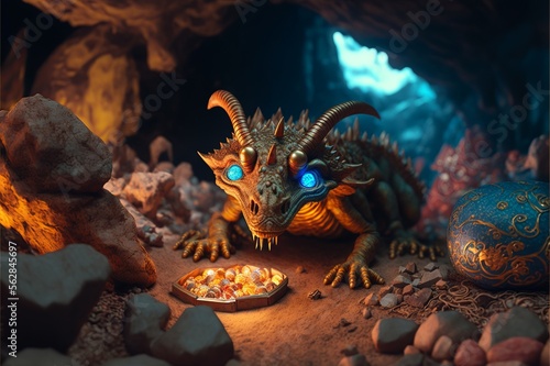 A dragon hoarding treasure in a underground cave Generative AI © Luiz
