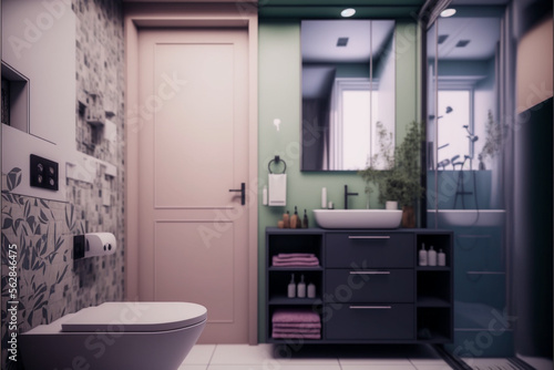 Modern bathroom interior design  Luxury yet minimalist clean  bright and hygienic spacious bathroom with shower  toilets  mirrors  bathtub and natural green plant in a hotel  apartment  or house.