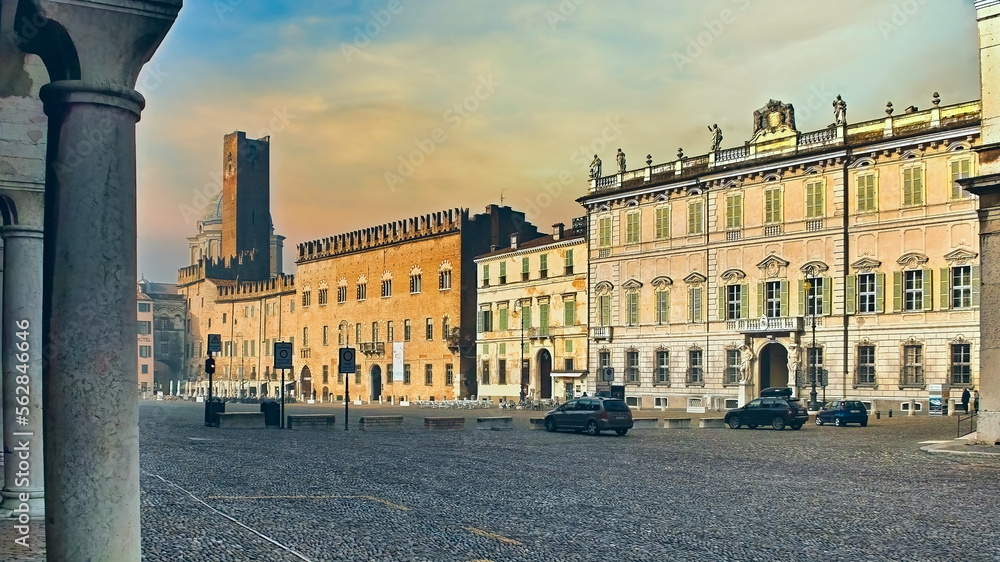 Mantua, Lombardy, Italy. Morning view of the medieval Sordello Square overlooked by important historic buildings.