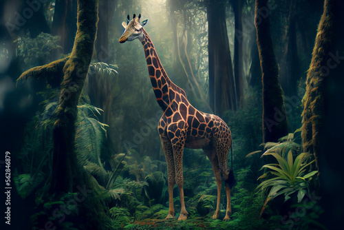 giraffe in the rainforest. Illustration Generative AI