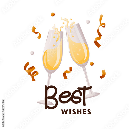 Birthday party card with two clinking wine glasses , confetti. Toast Champagne. "Best wishes" handwritten wishes lettering. Celebration card. Postcard, card. cover, invitation template. Cartoon vector